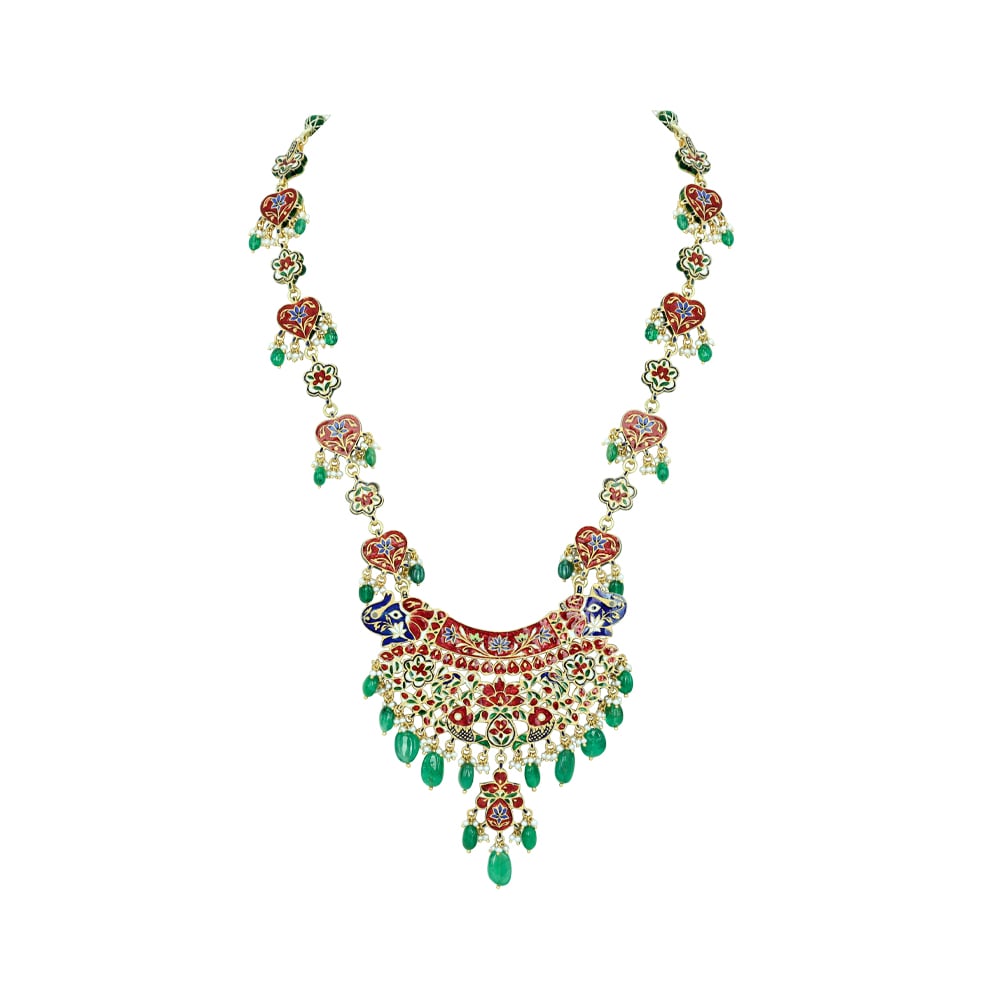 Polki Pendant Necklace with Red-Green Meenakari and Emeralds